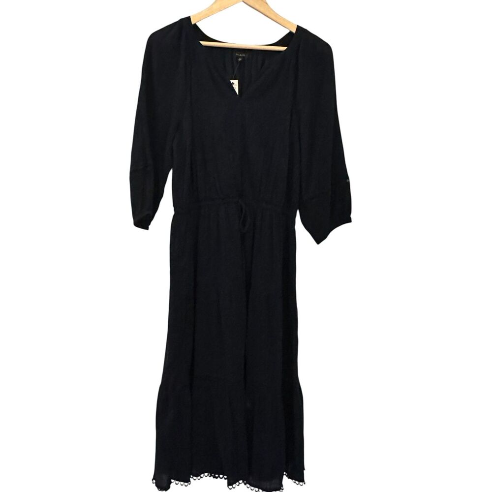 Talbots Navy Blue V-Neck 3/4 Sleeve Gauzy Maxi Dress Elastic Waist Size M NWT